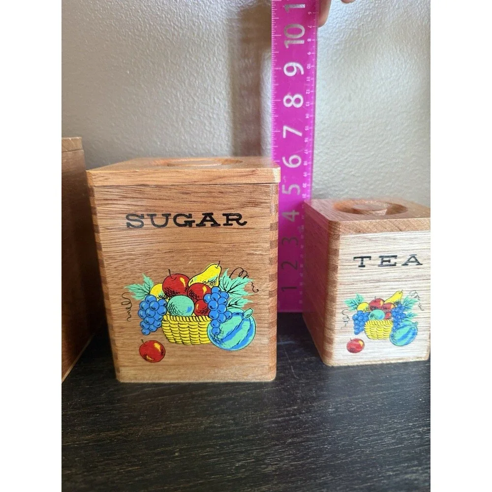 Wooden Nesting Canister Set VTG Dovetail MCM Japan Painted Fruit Basket 3 Piece